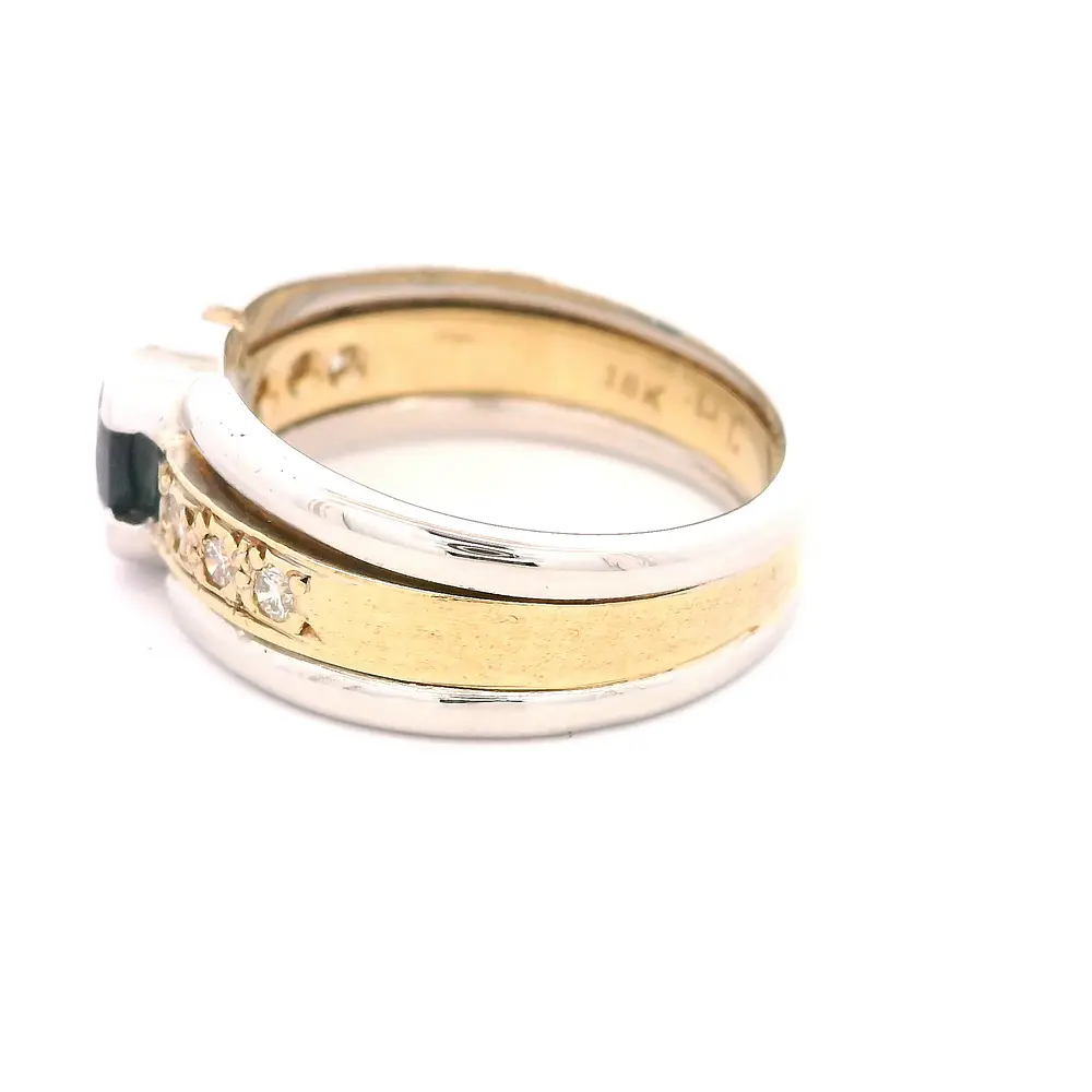 Anillo Cintillo Solitario De Dos Oros 18K Con Zafiro y Diamantes