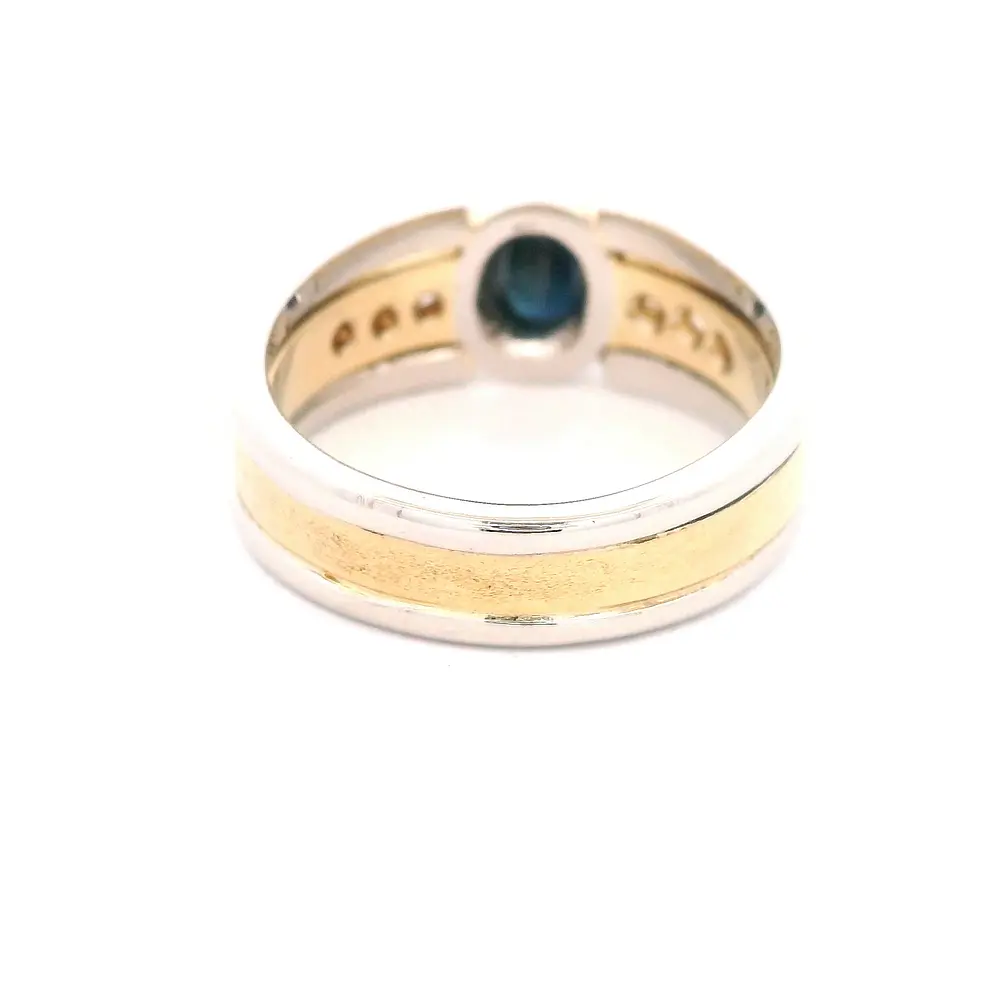 Anillo Cintillo Solitario De Dos Oros 18K Con Zafiro y Diamantes