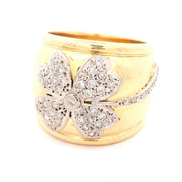 Anillo Bombé Flor Trébol De Dos Oros 18K Con 39 Diamantes