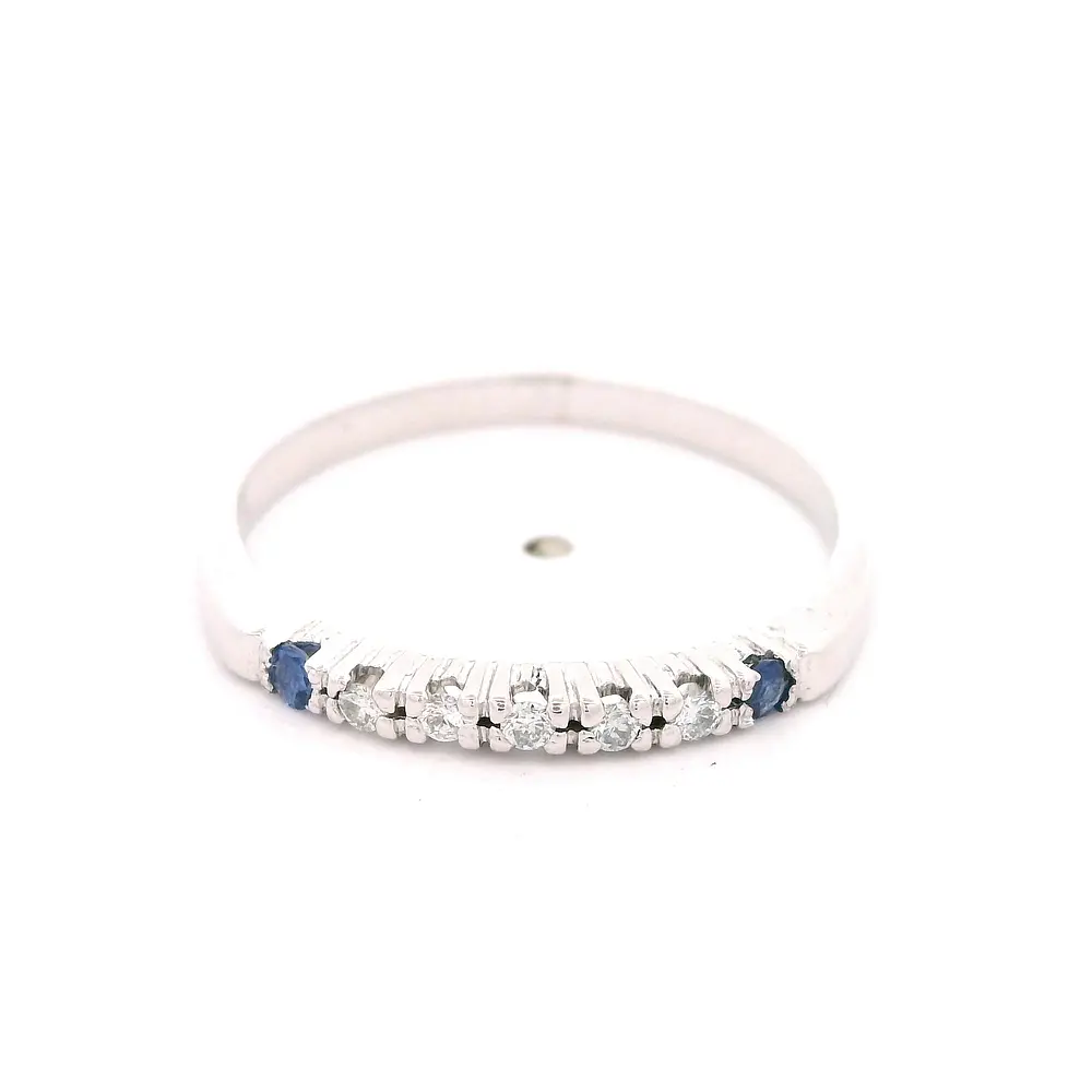 Anillo Cintillo De Oro Blanco 18K Con Diamantes Naturales y Piedras Azules