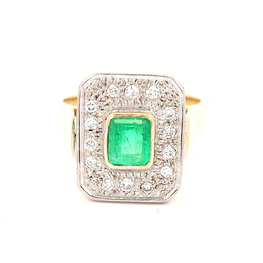 Anillo Sello De Dos Oros 18K Con Esmeralda Natural y 14 Diamantes