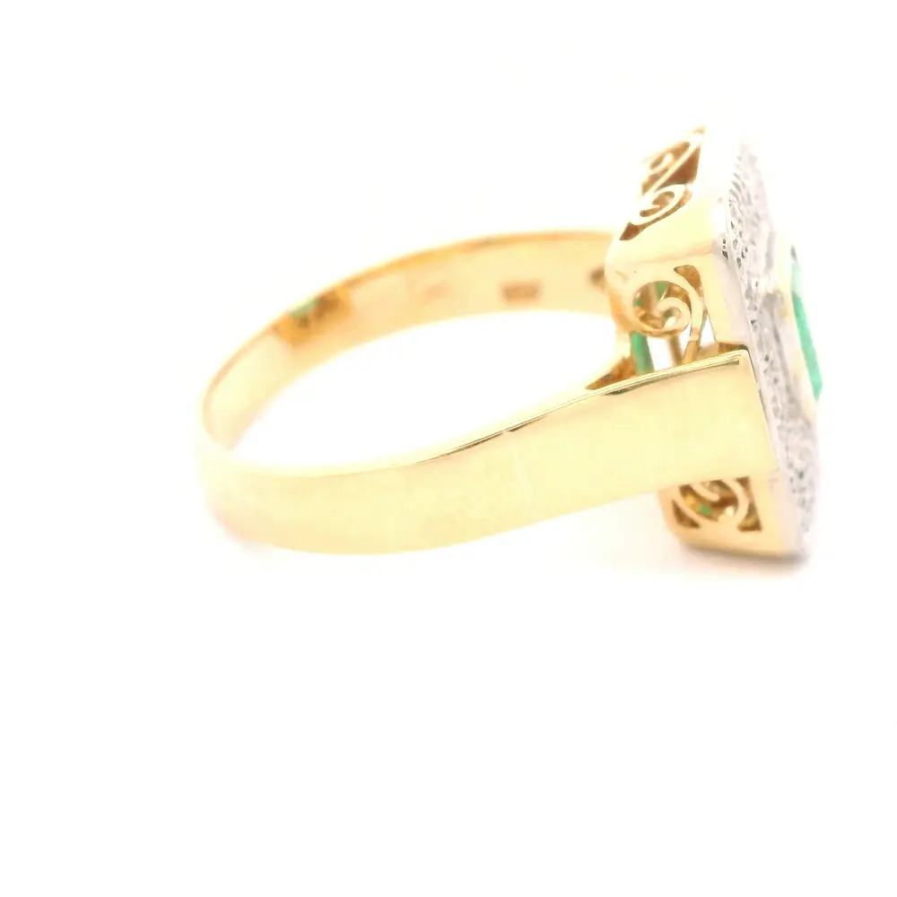 Anillo Sello De Dos Oros 18K Con Esmeralda Natural y 14 Diamantes