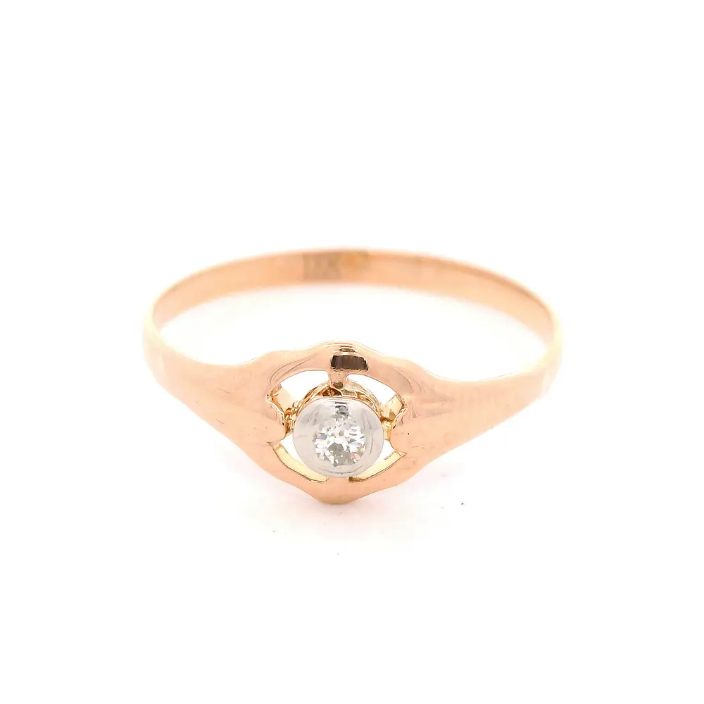 Anillo Solitario Calado De Dos Oros 18K Con Diamante Natural