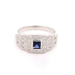 Anillo Cuadrado De Oro Blanco 18K Con Diamantes y Piedra Azul