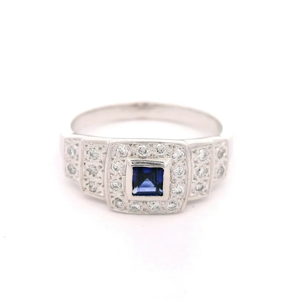 Anillo Cuadrado De Oro Blanco 18K Con Diamantes y Piedra Azul