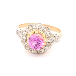 Anillo Flor De Dos Oros 18K Con Diamantes y Piedra Rosa