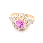 Anillo Flor De Dos Oros 18K Con Diamantes y Piedra Rosa