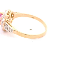 Anillo Flor De Dos Oros 18K Con Diamantes y Piedra Rosa