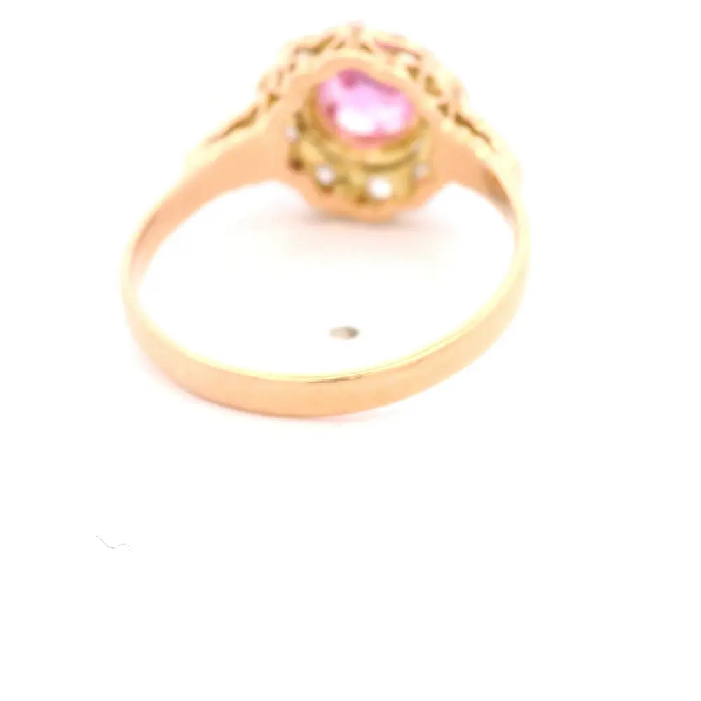 Anillo Flor De Dos Oros 18K Con Diamantes y Piedra Rosa