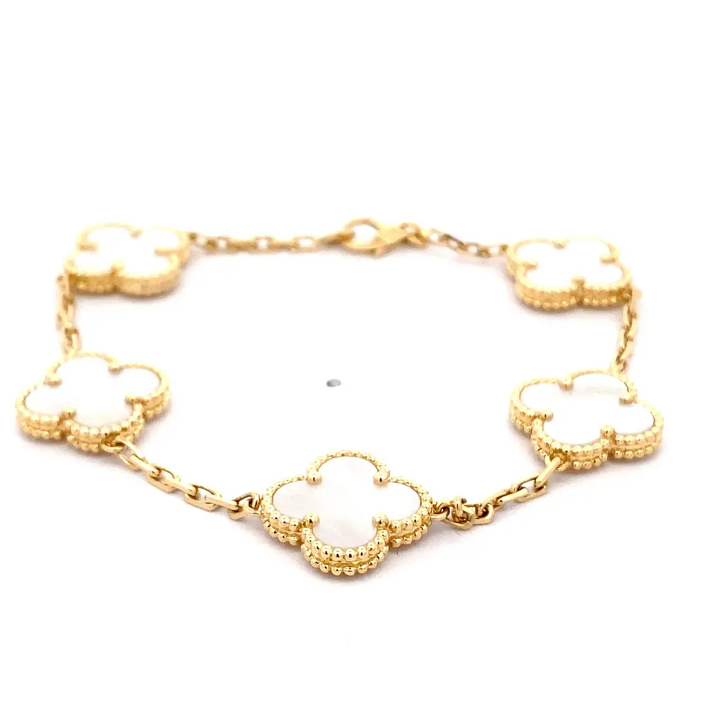 Pulsera Trébol De Oro 18K Con 5 Motivos De Nácar Madreperla