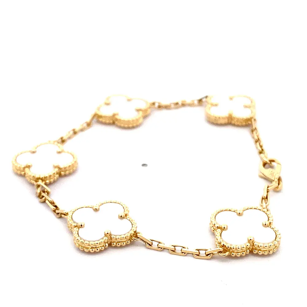 Pulsera Trébol De Oro 18K Con 5 Motivos De Nácar Madreperla