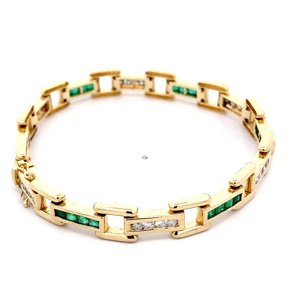 Pulsera Panther De Oro 14K Con 24 Diamantes y 24 Esmeraldas Princess