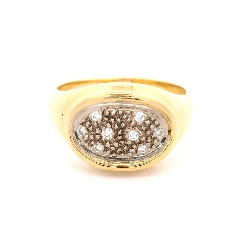Anillo Sello Ovalado De Dos Oros 18K Con 8 Diamantes Naturales