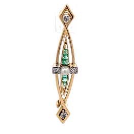 Prendedor Ovalado De Oro 14K Con Perla, Esmeraldas y Diamantes Naturales