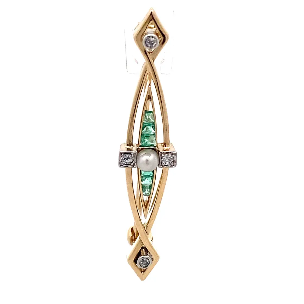 Prendedor Ovalado De Oro 14K Con Perla, Esmeraldas y Diamantes Naturales
