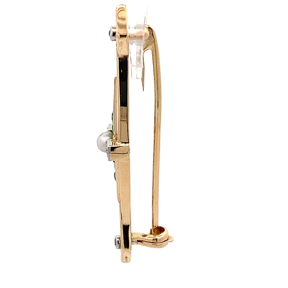 Prendedor Ovalado De Oro 14K Con Perla, Esmeraldas y Diamantes Naturales