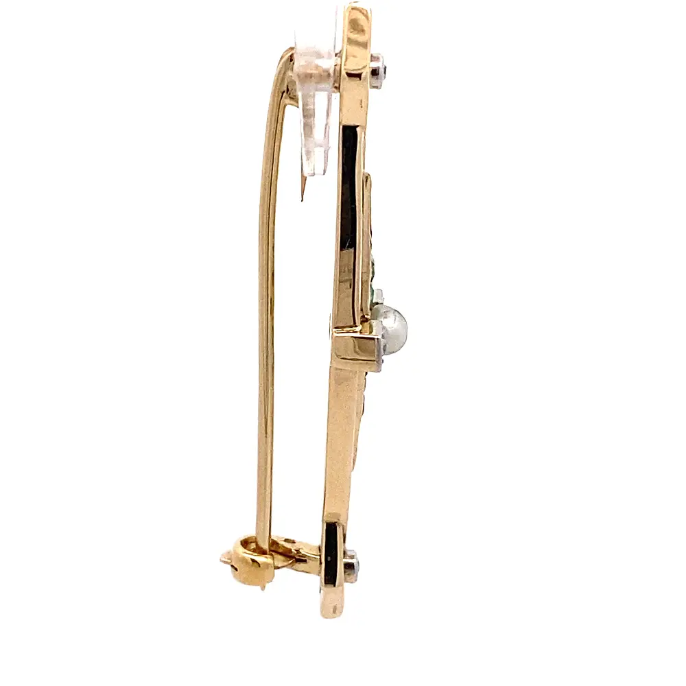 Prendedor Ovalado De Oro 14K Con Perla, Esmeraldas y Diamantes Naturales