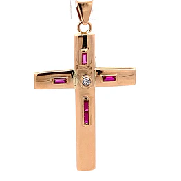 Colgante Cruz De Oro 18K Con Diamante Natural y 5 Rubíes Baguette