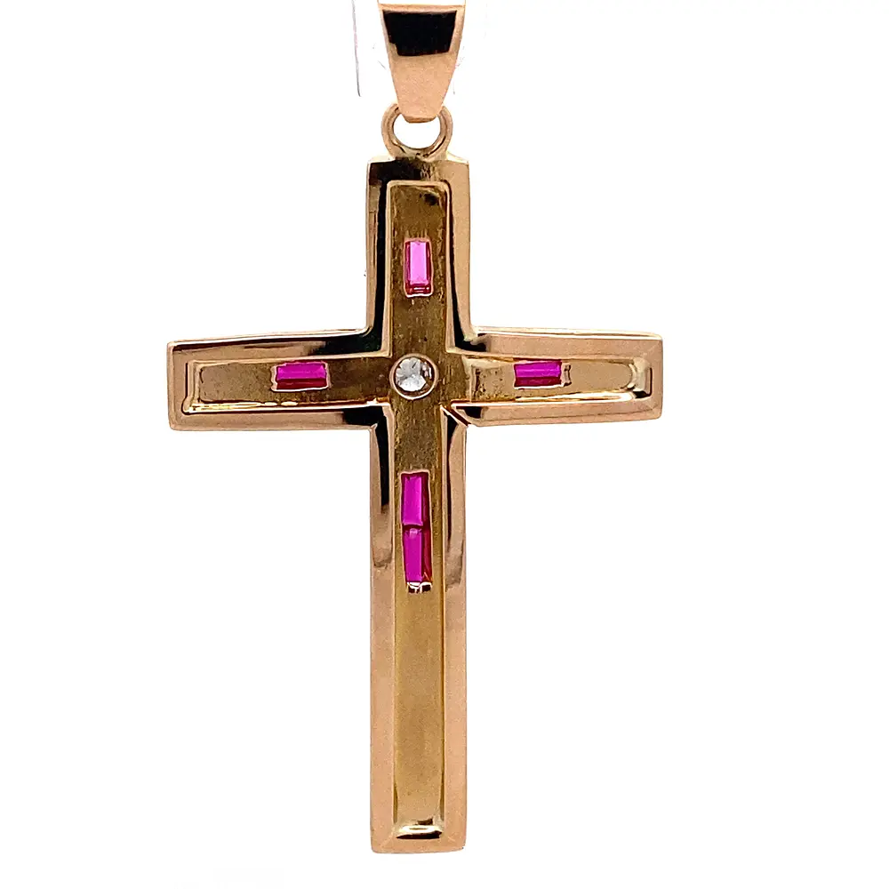 Colgante Cruz De Oro 18K Con Diamante Natural y 5 Rubíes Baguette