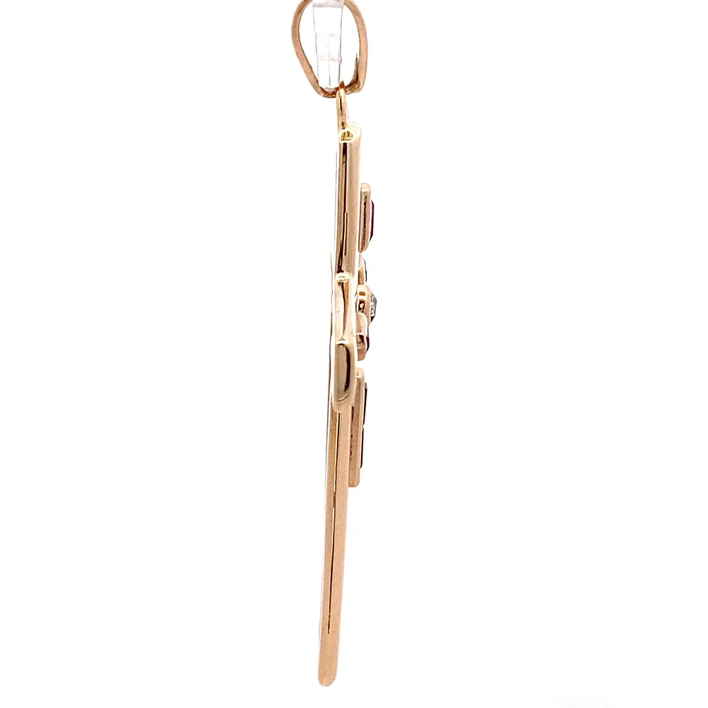 Colgante Cruz De Oro 18K Con Diamante Natural y 5 Rubíes Baguette