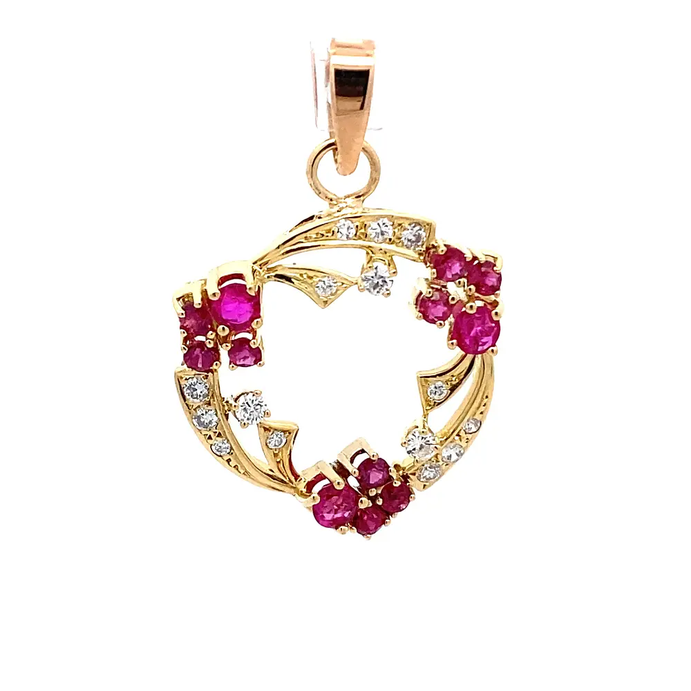 Colgante Calado De Oro 18K Con 15 Diamantes y 12 Rubíes Sintéticos