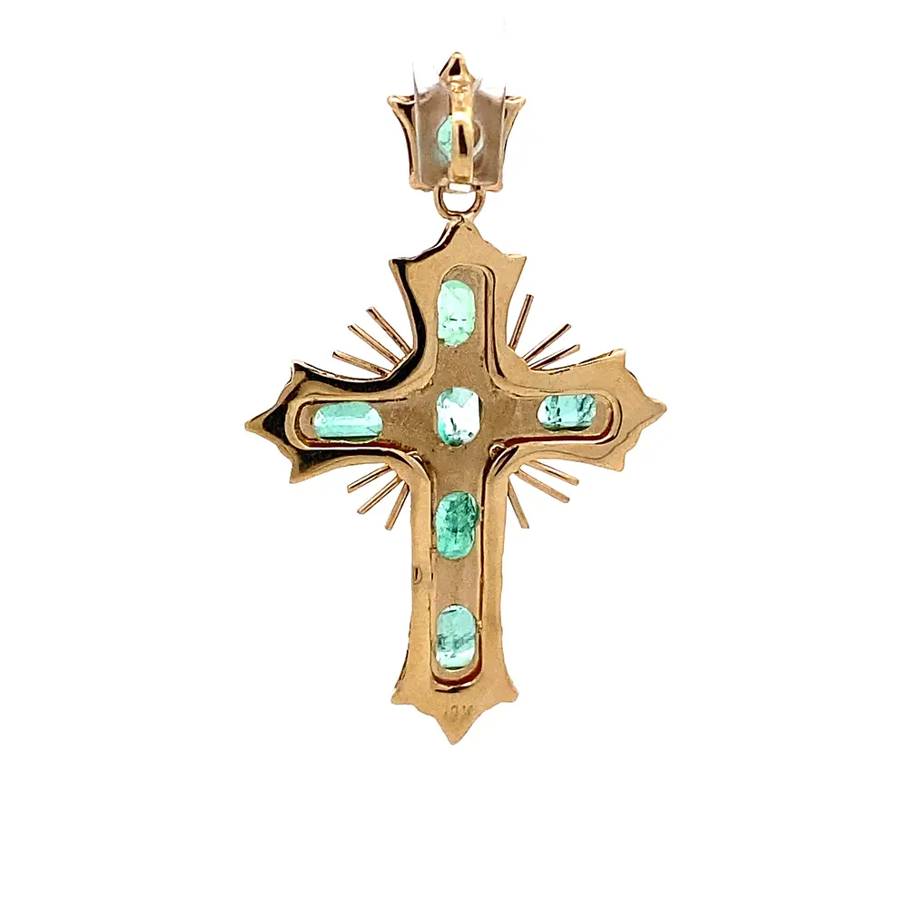Colgante Cruz De Oro 18K Con 7 Esmeraldas Naturales