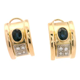Aros Semi Bombé De Oro Amarillo 18K Con Diamantes Naturales y Piedras Azules