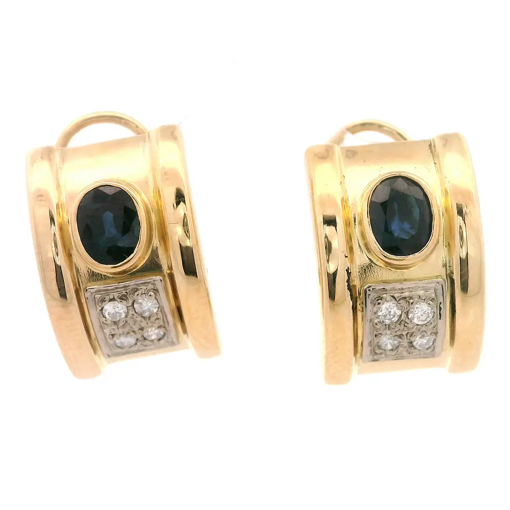 Aros Semi Bombé De Oro Amarillo 18K Con Diamantes Naturales y Piedras Azules