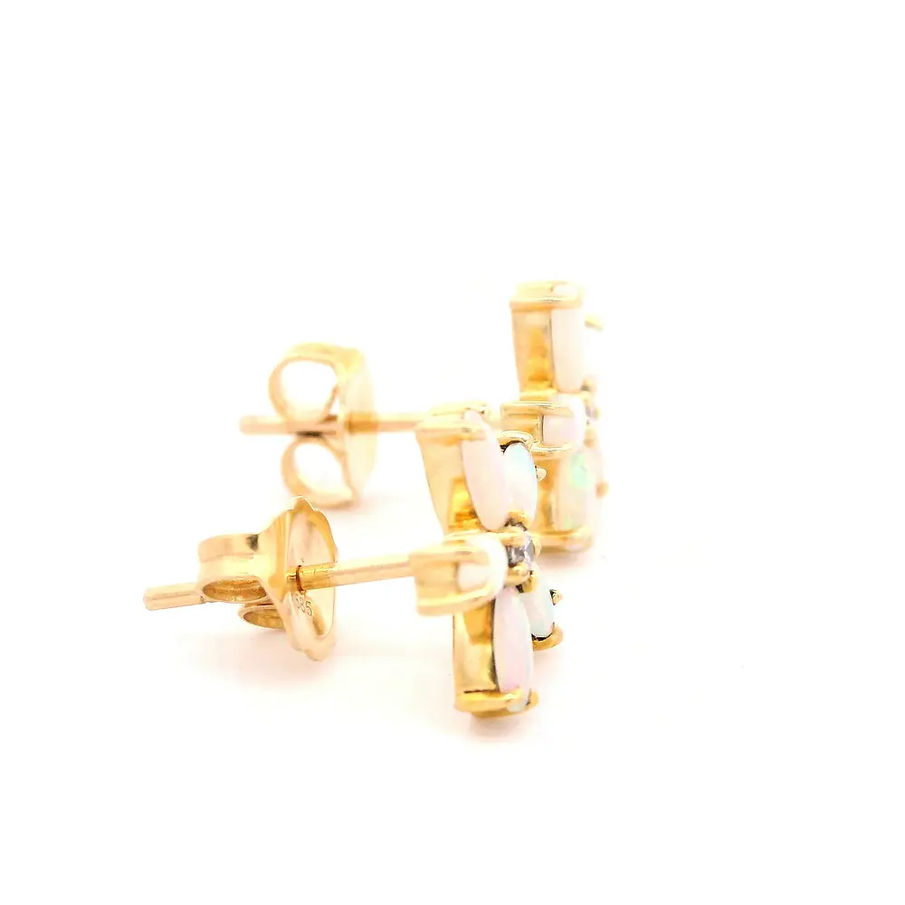Aros Flor De Oro Amarillo 14K Con Diamantes y Ópalos
