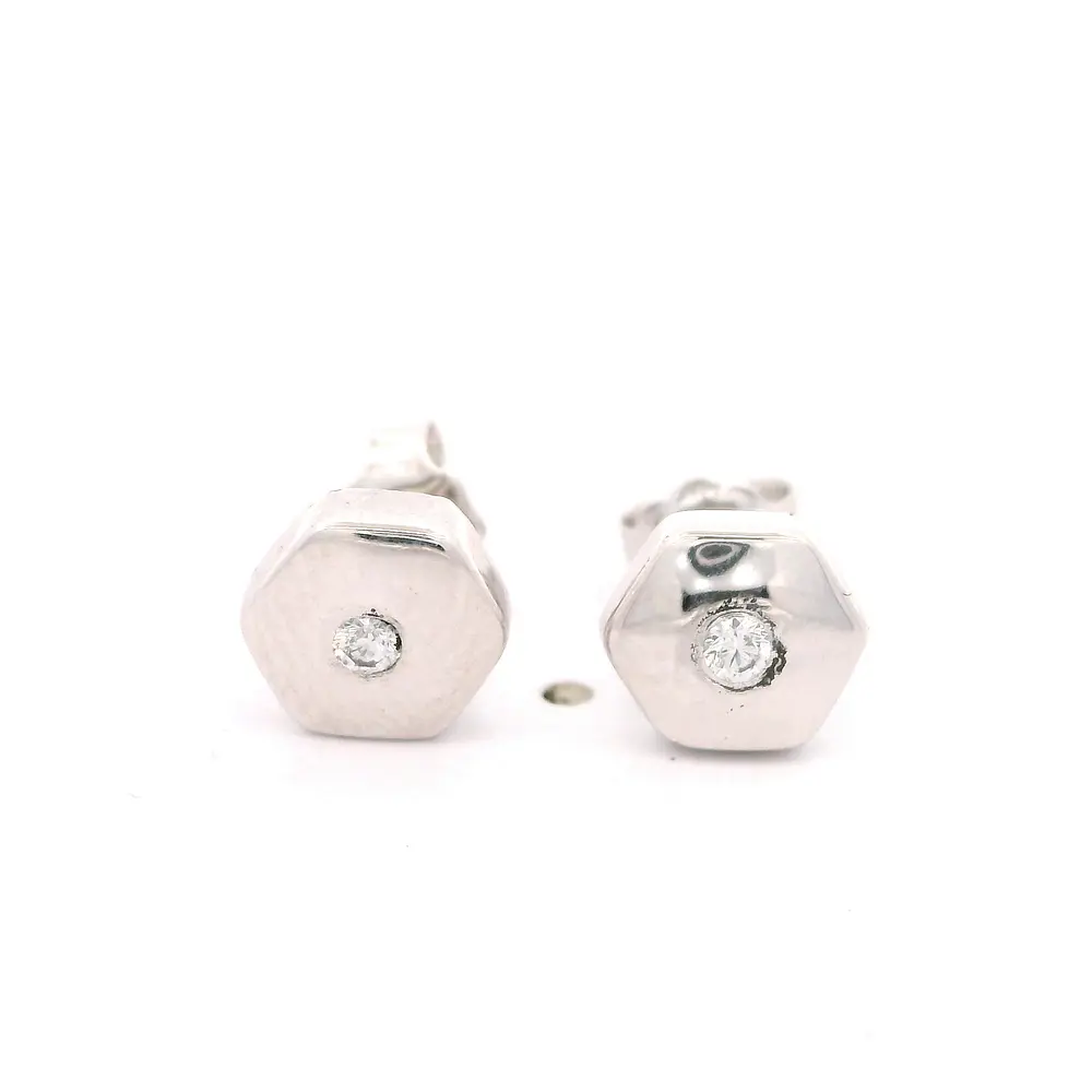 Aros Hexagonales De Oro Blanco 18K Con Diamantes Naturales