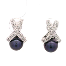 Aros Cruzados De Oro Blanco 14K Con Diamantes Naturales y Perlas