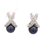 Aros Cruzados De Oro Blanco 14K Con Diamantes Naturales y Perlas