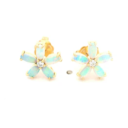 Aros Flor De Oro Amarillo 14K Con Diamantes y Ópalos