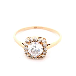 Anillo Halo Cuadrado De Oro Amarillo 14K Con Micropiedras Incoloras