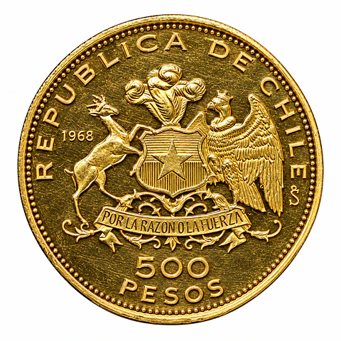 Moneda de Oro 500 Pesos Sesquicentenario de la Bandera Nacional Chile 1968