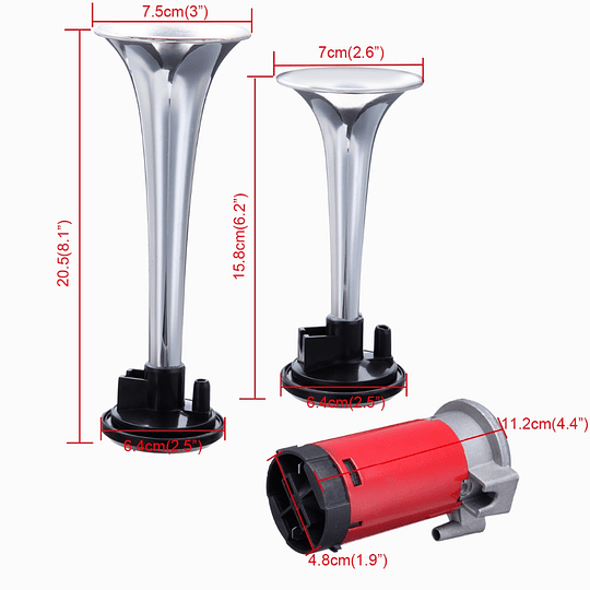 Set Doble Bocina Pito Claxon Aero Eléctrica Tipo Trompeta C/Sistema Aire Comprimido Univ Auto Moto 12V