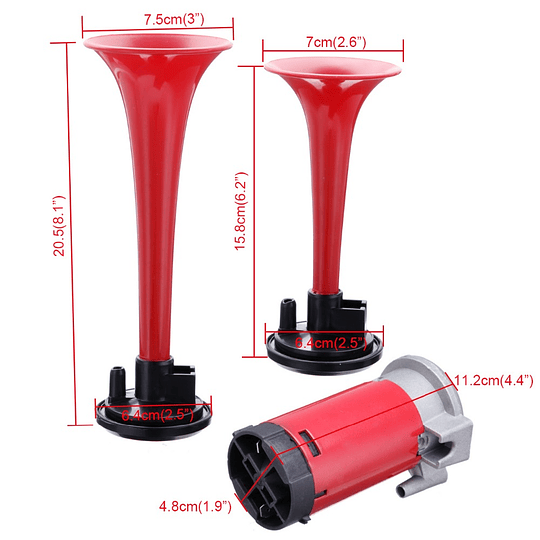 Set Doble Bocina Pito Claxon Aero Eléctrica Tipo Trompeta C/Sistema Aire Comprimido Univ Auto Moto 12V