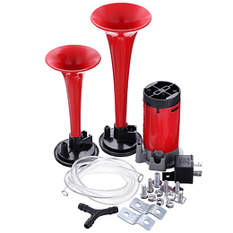 Set Doble Bocina Pito Claxon Aero Eléctrica Tipo Trompeta C/Sistema Aire Comprimido Univ Auto Moto 12V - ROJO