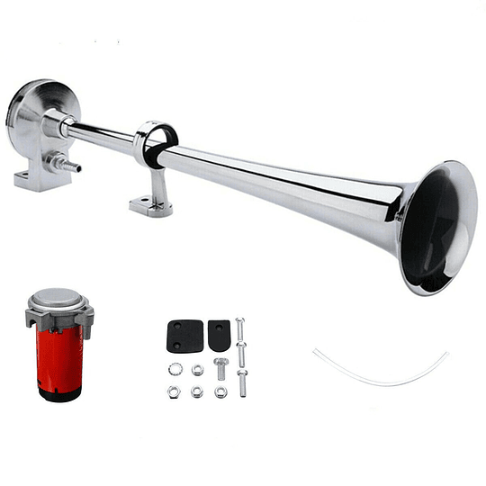 Fuerte Bocina Metálica Aero Eléctrica (45cm) Tipo Trompeta Con Sistema Aire Comprimido Univ Auto 12V