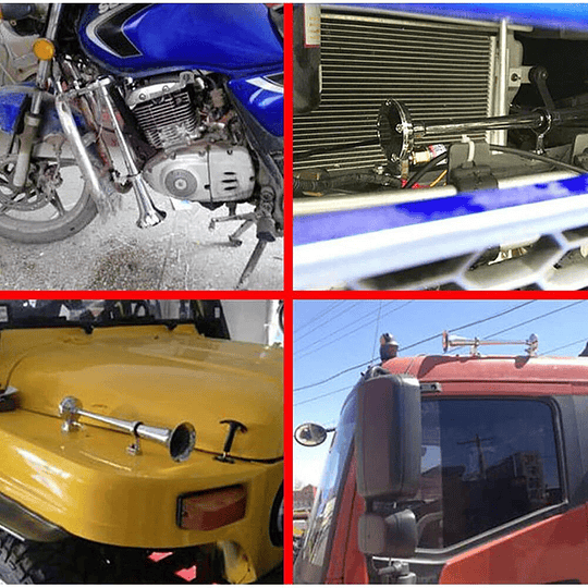 Fuerte Bocina Metálica Aero Eléctrica (45cm) Tipo Trompeta Con Sistema Aire Comprimido Univ Auto 12V