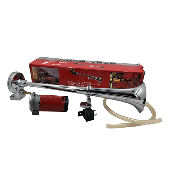 Fuerte Bocina Metálica Aero Eléctrica (45cm) Tipo Trompeta Con Sistema Aire Comprimido Univ Auto 12V