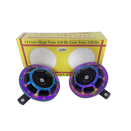 Par Claxon Bocina Pito Redonda Tipo Hella Negro Rojo Cromado Azul Tornasol Universal Auto Moto 12V