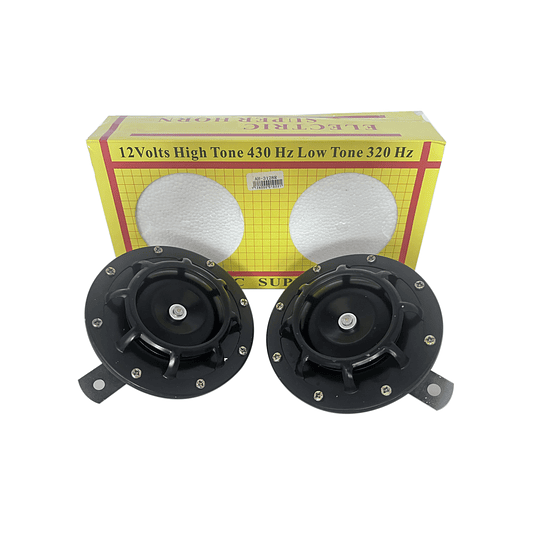 Par Claxon Bocina Pito Redonda Tipo Hella Negro Rojo Cromado Azul Tornasol Universal Auto Moto 12V