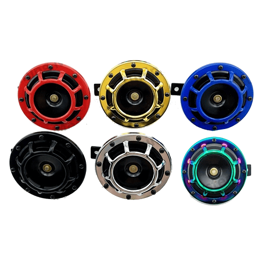 Par Claxon Bocina Pito Redonda Tipo Hella Negro Rojo Cromado Azul Tornasol Universal Auto Moto 12V