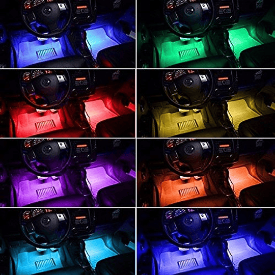 Set X4 Tiras De 12 Led RGB (22cm) Interior Piso Auto 12V Control Remoto Iluminación Nocturna Rítmica