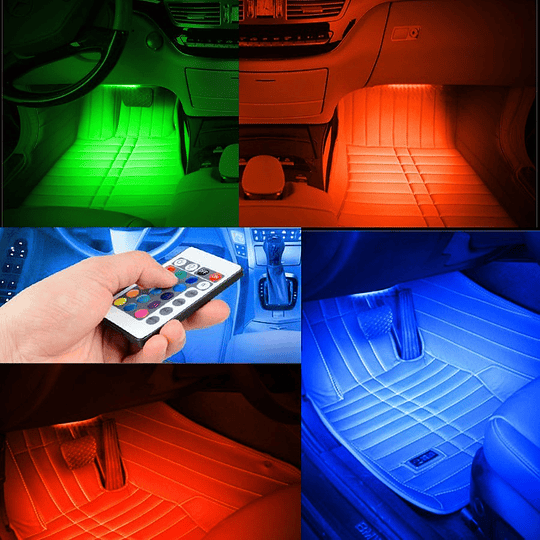 Set X4 Tiras De 12 Led RGB (22cm) Interior Piso Auto 12V Control Remoto Iluminación Nocturna Rítmica