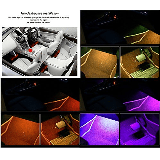 Set X4 Tiras De 12 Led RGB (22cm) Interior Piso Auto 12V Control Remoto Iluminación Nocturna Rítmica