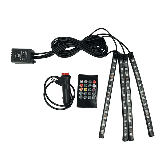 Set X4 Tiras De 12 Led RGB (22cm) Interior Piso Auto 12V Control Remoto Iluminación Nocturna Rítmica