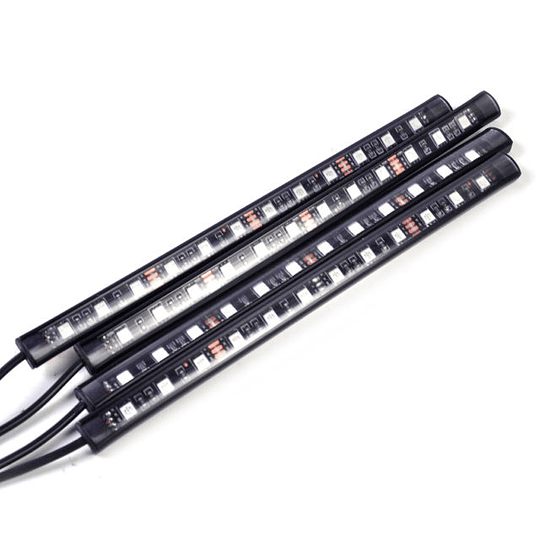 Set X4 Tiras De 12 Led RGB (22cm) Interior Piso Auto 12V Control Remoto Iluminación Nocturna Rítmica