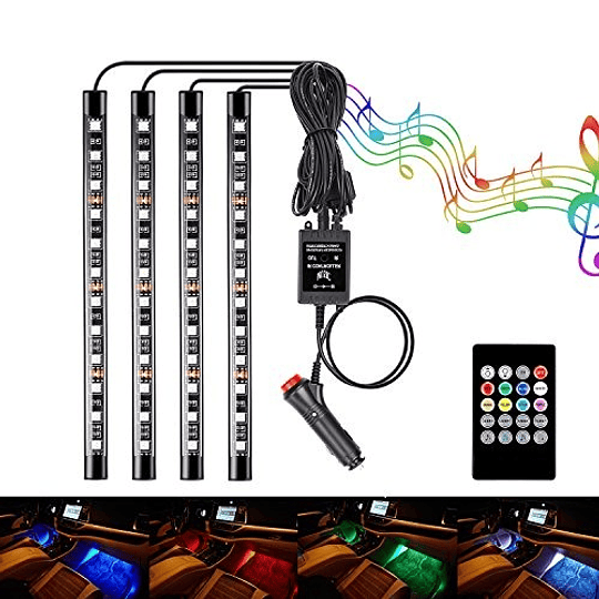 Set X4 Tiras De 12 Led RGB (22cm) Interior Piso Auto 12V Control Remoto Iluminación Nocturna Rítmica